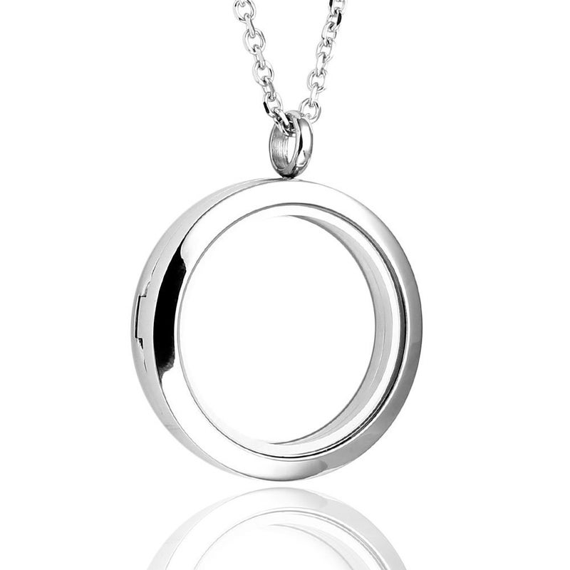 Zysta Silver Round Locket Pendant Necklace 30mm Glossy Stainless Steel Clear Glass Living Memory Floating Charms Stone Storage - Image 1